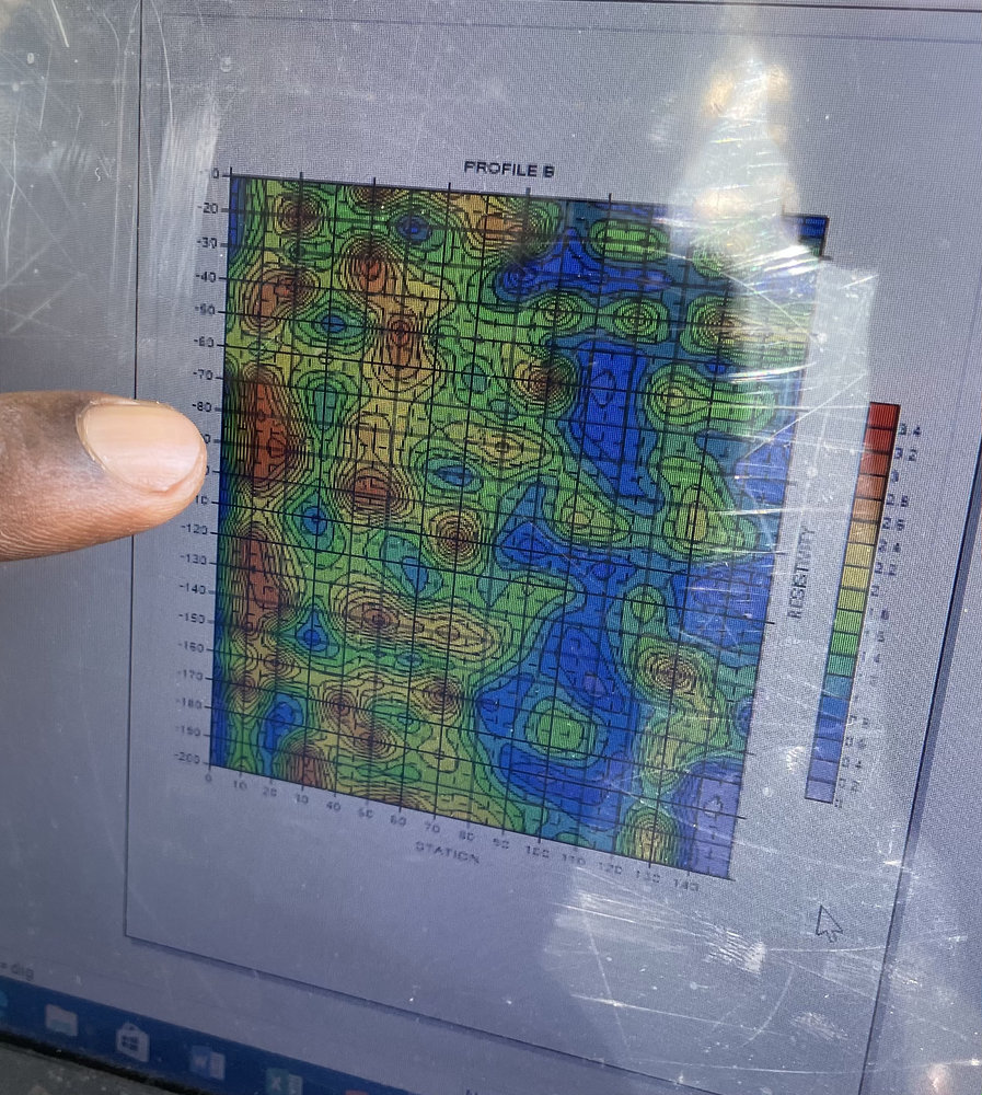 Laptop screen shows the result of the terrametre measurement. A colourful square with blue, green and red hues.